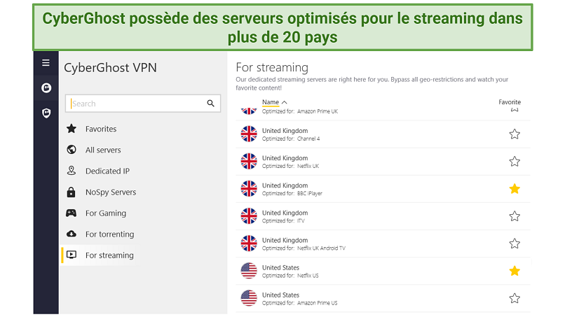 capture d’écran listant les serveurs optimisés pour le streaming de CyberGhost