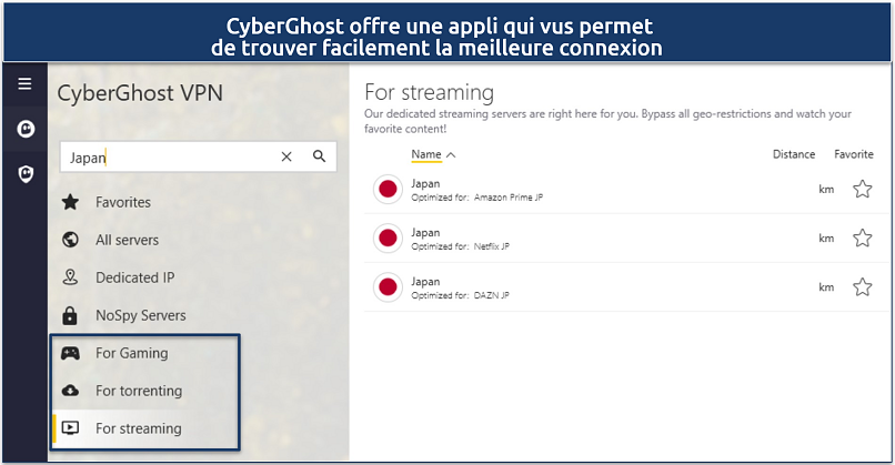An image showing CyberGhost Japan servers optimized for streaming