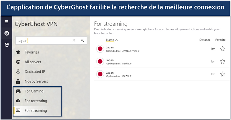 An image showing CyberGhost Japan servers optimized for streaming