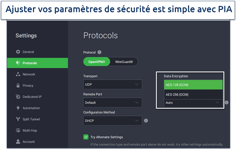 An image showing PIA customizable security features on a Windows app