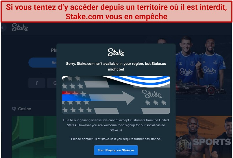 Screenshot of Stake.com inaccessible in the US