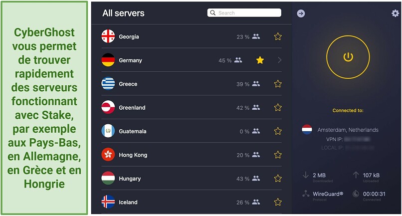 A screenshot of the CyberGhost server list