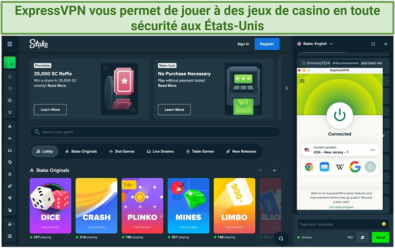 Screenshot of safely playing casino games on Stake.us with ExpressVPN