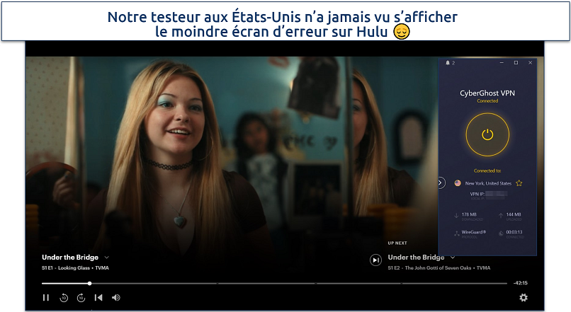 Screenshot of Hulu streaming with CyberGhost connected