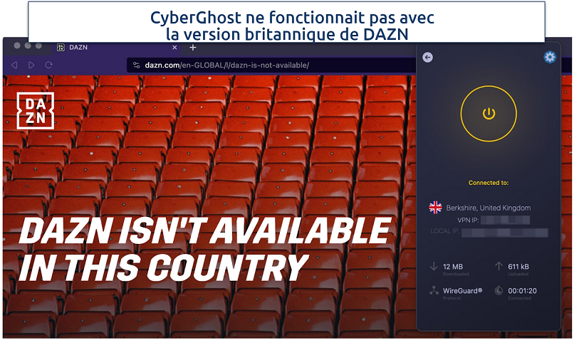 A screenshot showing CyberGhost blocked by DAZN UK while connected to a UK server