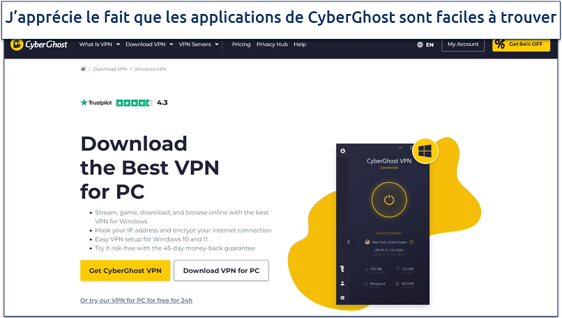 Screenshot of CyberGhost’s download page highlighting where to find the Windows app 