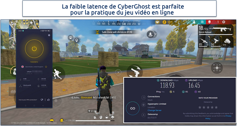 Screenshot of Free Fire gameplay with CyberGhost connected