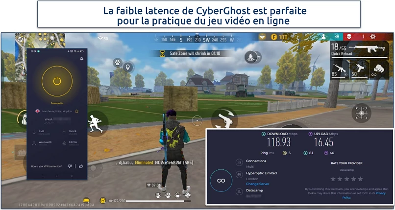 Screenshot of Free Fire gameplay with CyberGhost connected