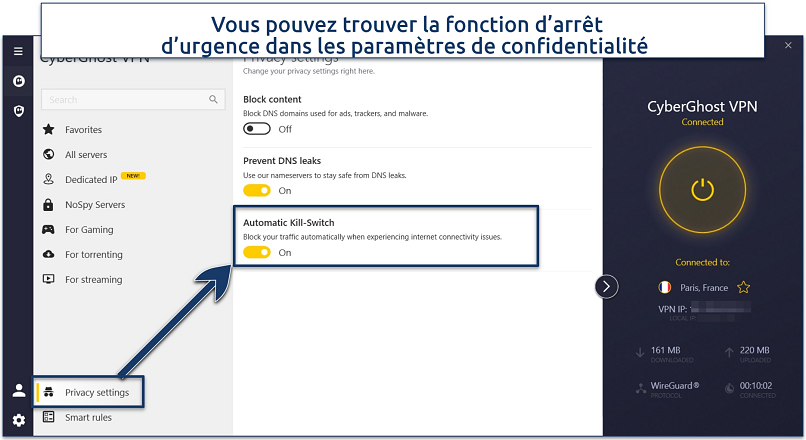 Screenshot showing how to enable CyberGhost's kill switch on Windows