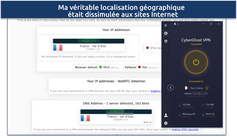 Screenshot of CyberGhost's leak test results