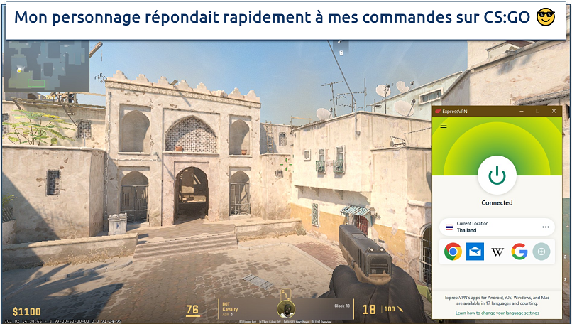 Screenshot of a CS:GO match on Steam with ExpressVPN connected to Thailand