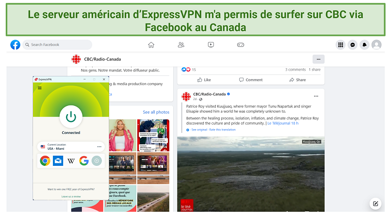 Screenshot of ExpressVPN successfully unblocking news outlets on social media in Canada