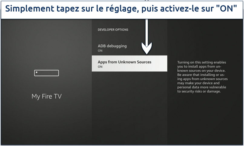 Screenshot of the Firestick Developer Options panel with the ADB Debugging and Apps from Unknown Sources settings