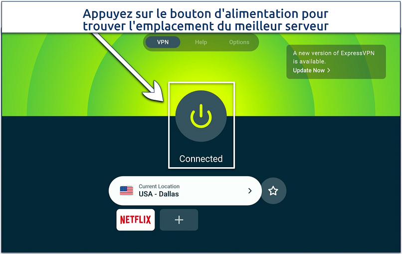Screenshot of the ExpressVPN app on Firestick with the server connect button highlighted and an active connection to the USA - Dallas server