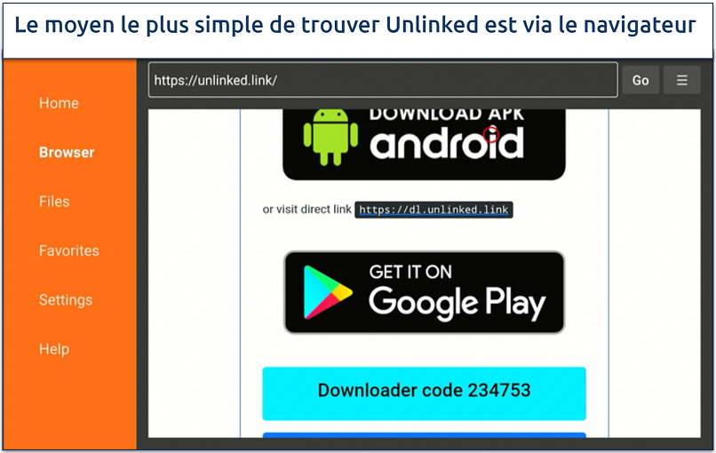 Screenshot of the Downloader app's browser on Firestick with Unlinked.link typed in the URL bar