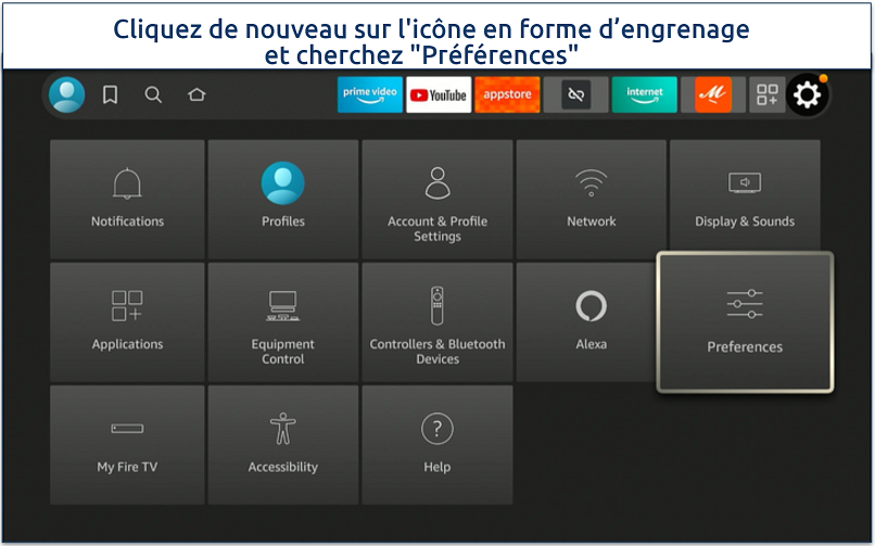 Screenshot of the Firestick settings menu with the Preferences option highlighted