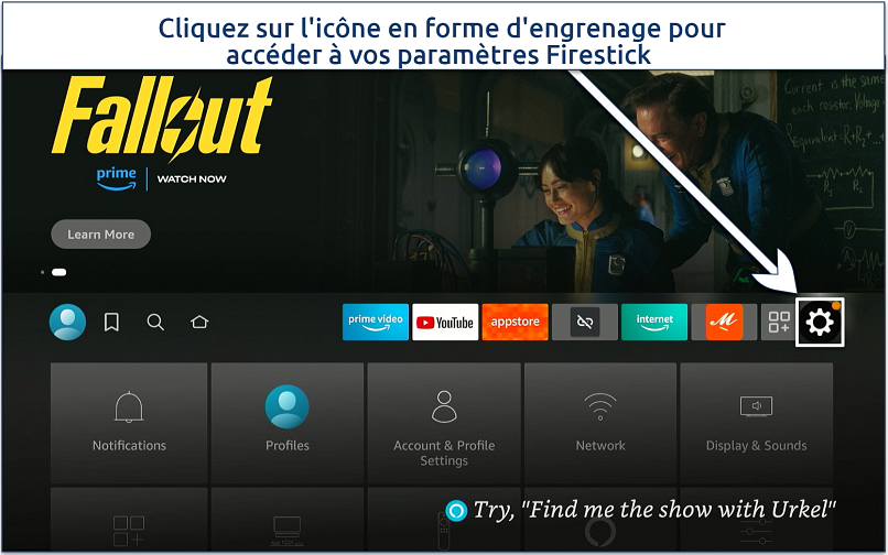 Screenshot of the Firestick dashboard with the settings gear icon highlighted