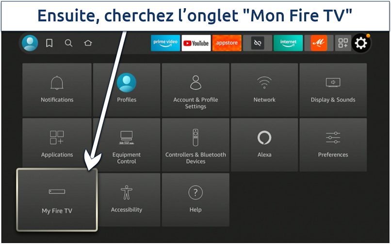 Screenshot of the Firestick settings dashboard with the My Fire TV tile highlighted