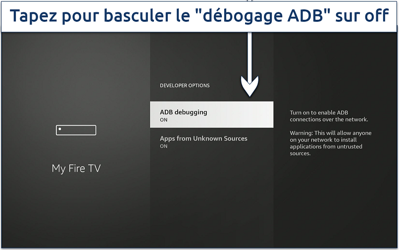 Screenshot of the Firestick Developer Options with the ADB debugging setting highlighted