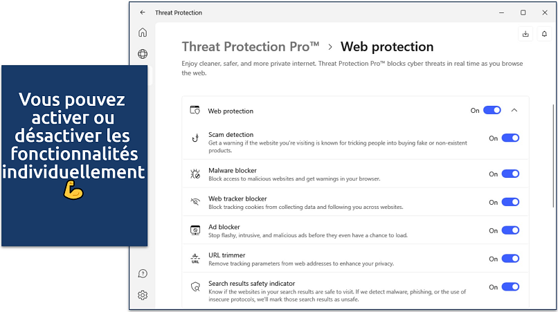 Screenshot of NordVPN's Windows app with Threat Protection customization options