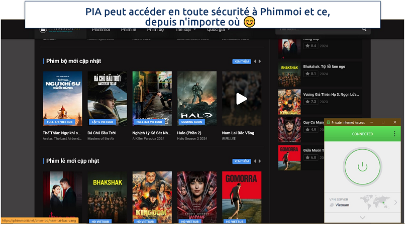 Screenshot of a Vietnamese streaming platform Phimmoi with PIA connected to Vietnam