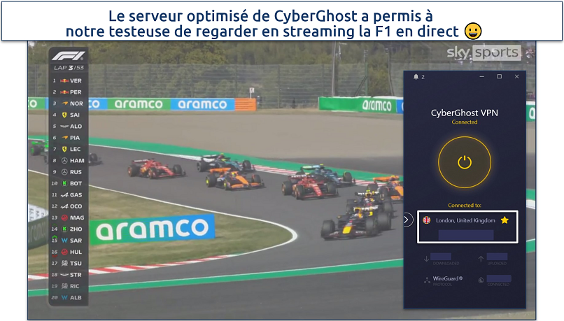 Capture d’écran CyberGhost streamant Sky Sports F1 sur l’appli Sky Sports