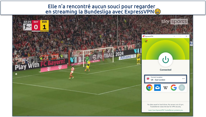 Capture d’écran d’ExpressVPN diffusant la Bundesliga sur l’appli Sky Sports