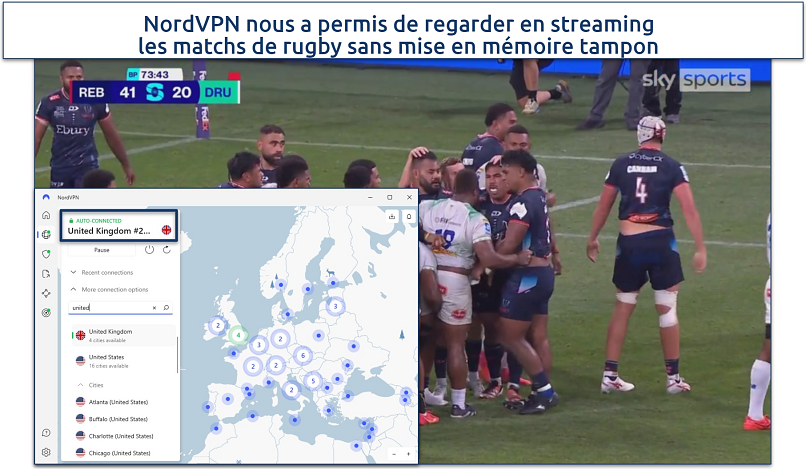 Capture d’écran d’un match de rugby sur Sky Sports avec un serveur britannique NordVPN