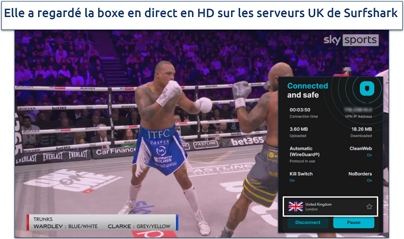 Capture d’écran d’un match de boxe en streaming sur l’application Sky Sports avec un serveur Surfshark UK