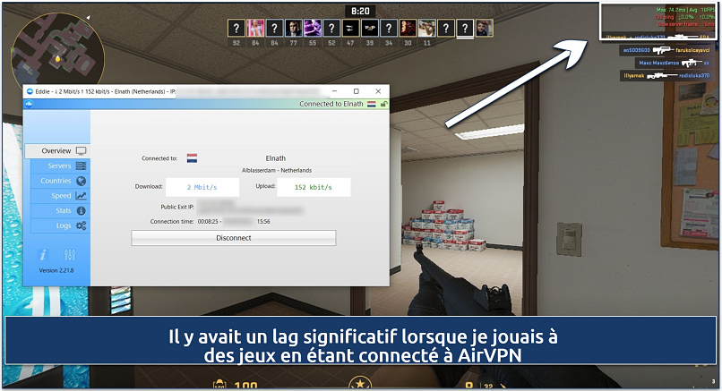 A screenshot showing playing Counter-Strike 2 while connected to AirVPN's fastest server