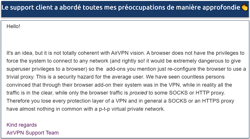 A screenshot showing AirVPN's support team clarifying the reasons behind the lack of browser extensions