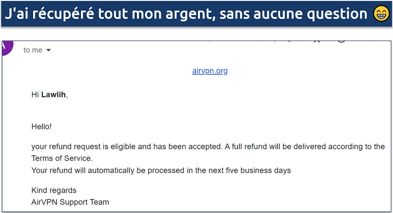 A screenshot showing AirVPN's adherence to its advertised refund policy