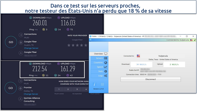 A screenshot of Ookla speed tests done while connected to AirVPN's US server and with no VPN connected