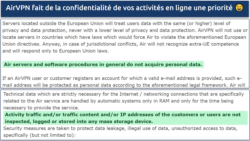 A screenshot showing sections of AirVPN's policy that confirms that VPN doesn't log sensitive information