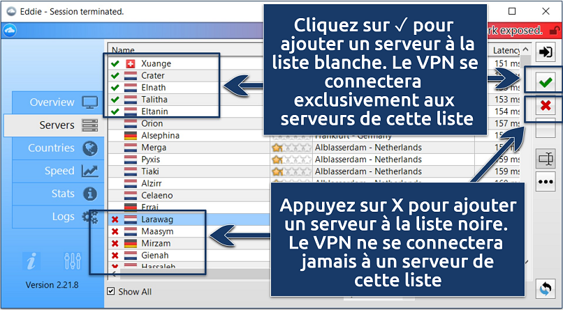 A screenshot showing how to whitelist and blocklist AirVPN servers