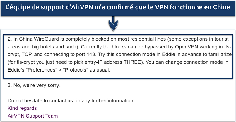 A screenshot showing AirVPN's support team confirmed the VPN works in China