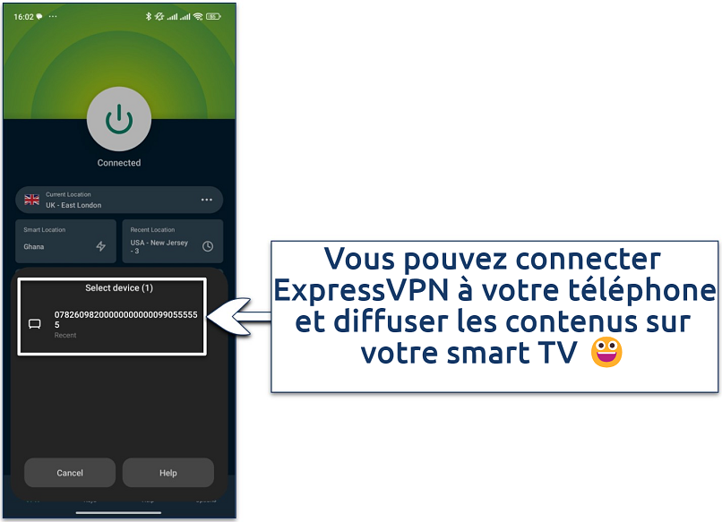 Screenshot showing ExpressVPN's mobile app with the option to cast mobile screen to smart TV
