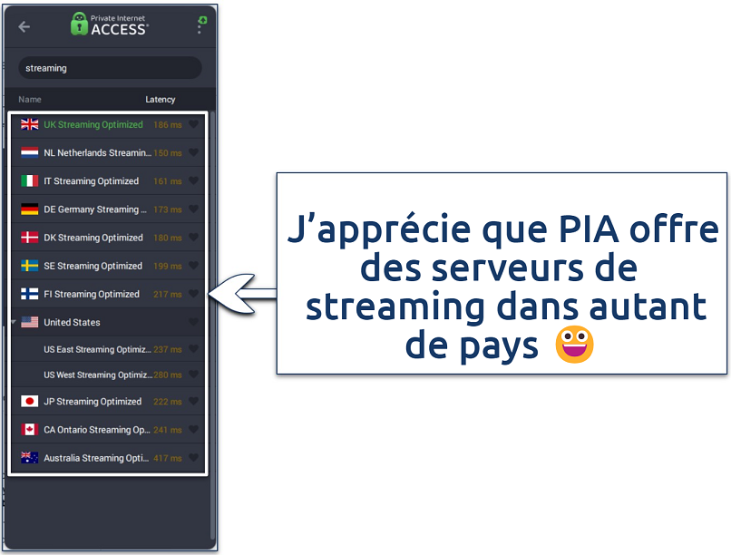 Screenshot of the PIA app showing its streaming servers