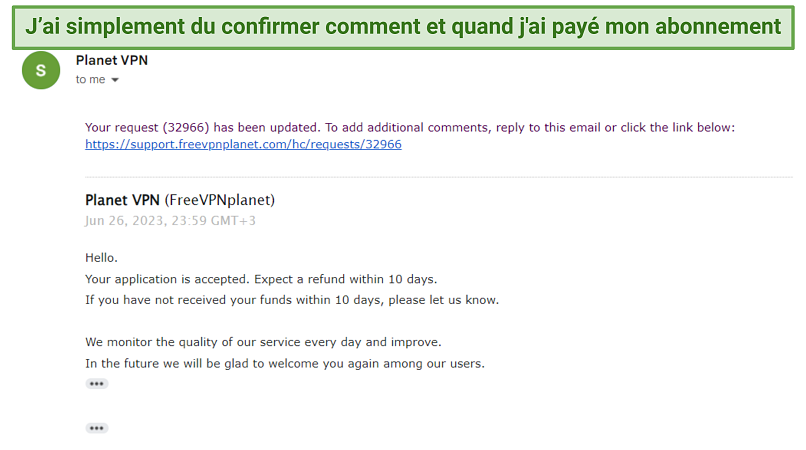 A screenshot showing Planet VPN confirming a refund request.