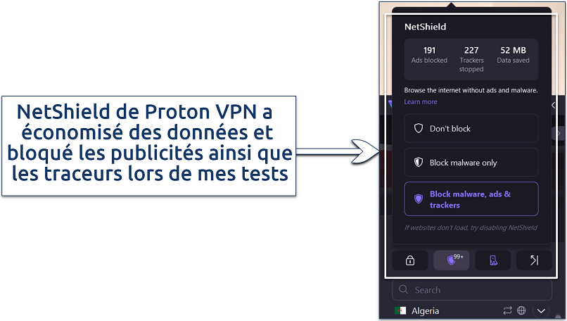 Une capture d'écran montrant que le NetShield de Proton VPN excelle à filtrer les publicités, bloquer les traceurs et économiser les données