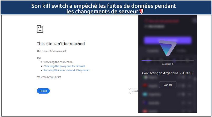 Une capture d'écran montrant que le kill switch de Proton VPN coupe la connexion internet lors du changement de serveurs