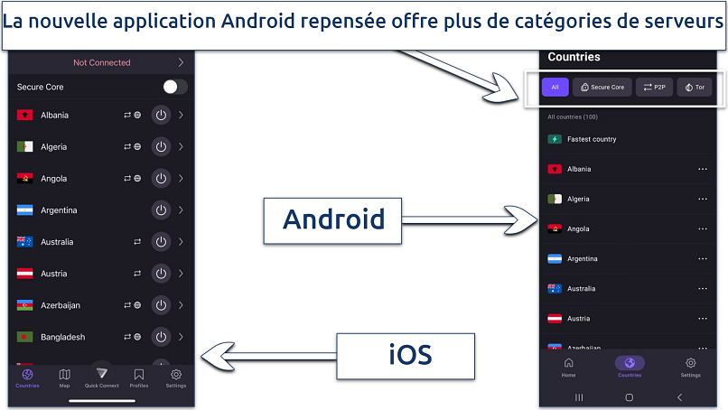 Une capture d'écran montrant que l'application Android de Proton VPN affiche plus d'options sous le menu pays par rapport à l'application iOS