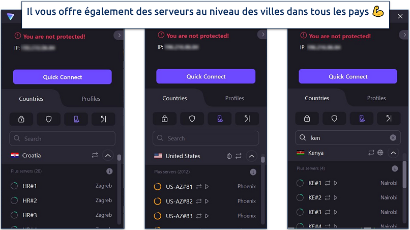 Capture d'écran montrant que Proton VPN offre des serveurs au niveau des villes