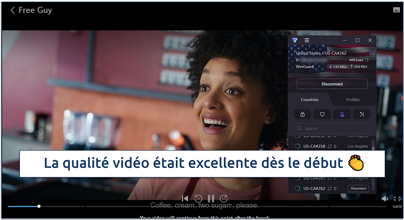 Une capture d'écran de Disney+ diffusant Free Guy lors de la connexion au serveur optimisé pour le streaming aux États-Unis de Proton VPN