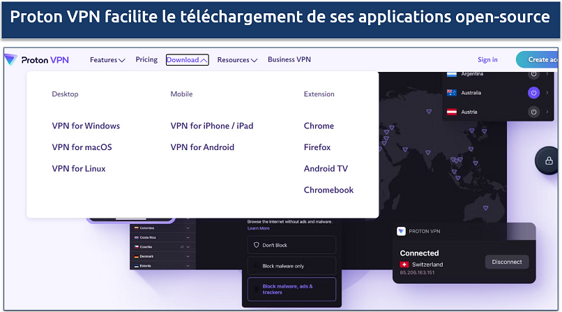 Capture d'écran montrant la page de téléchargement de Proton VPN ainsi que l'appareil pris en charge par le VPN