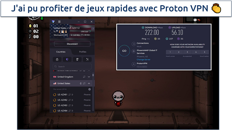 Capture d'écran montrant le jeu The Binding of Isaac en se connectant au serveur le plus rapide de Proton VPN