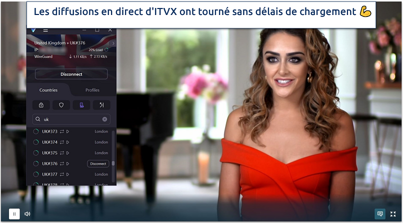 Une capture d'écran de ITVX diffusant The Real Housewives of Cheshire lors de la connexion au serveur optimisé pour le streaming au Royaume-Uni de Proton VPN