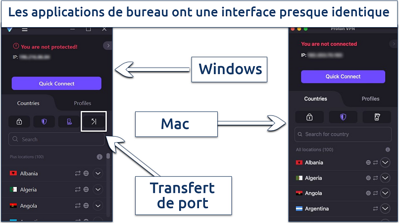 Une capture d'écran montrant que l'interface de Proton VPN est presque identique sur les applications Mac et Windows