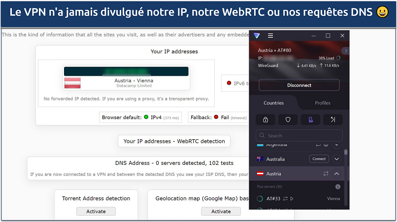 Une capture d'écran montrant que Proton VPN a réussi les tests de fuites DNS, IP et WebRTC