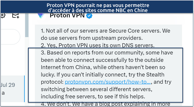 Une capture d'écran montrant l'équipe de support de Proton VPN confirmant que le VPN pourrait fonctionner en Chine